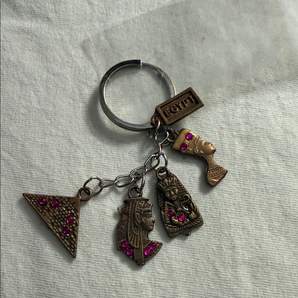 Egyptian Charm Keychain with Bronze-tone Egyptian Icons and Pink Accents